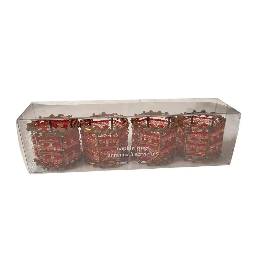 Pier 1 Beaded Napkin Rings Set of 8 Red Copper Moroccan Boho Table Decor